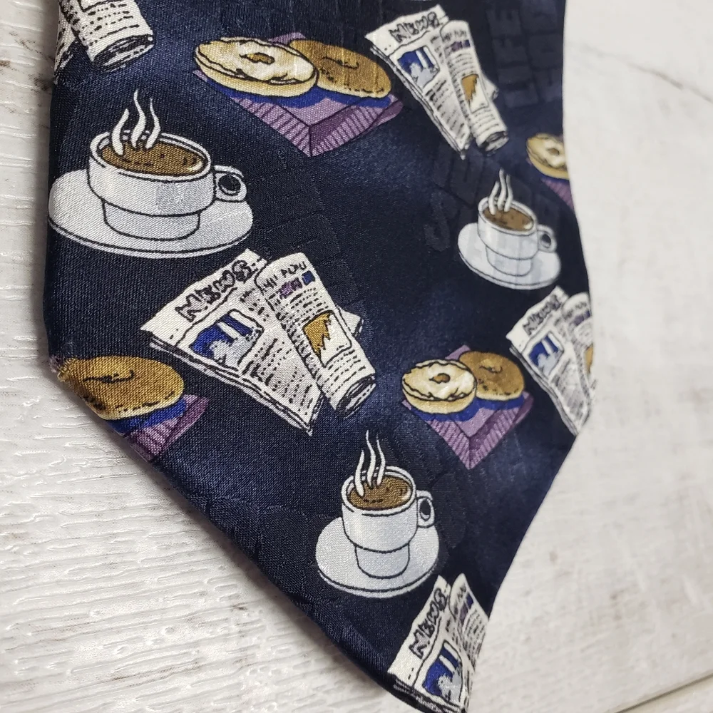 Sabatini Mens All Silk Tie Coffee Newspapers Bagel Life is Good Prints